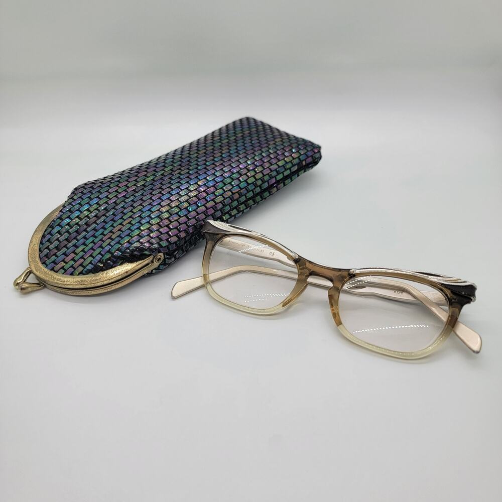 Vintage American Optical Aluminum Eyeglasses‎ 46-20 Winged Feather Design & Case